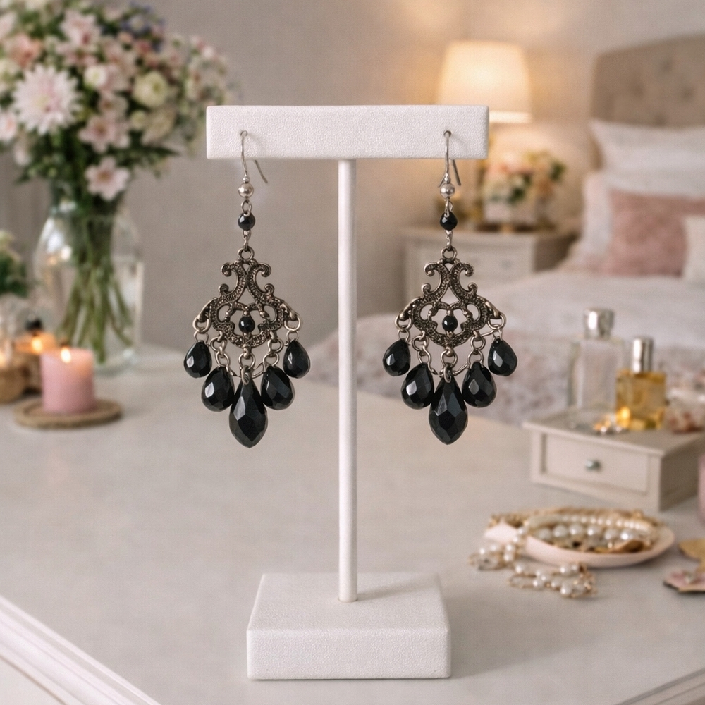 Intricate Black Chandelier Earrings Goth Classical - Pre-loved (2.5")
